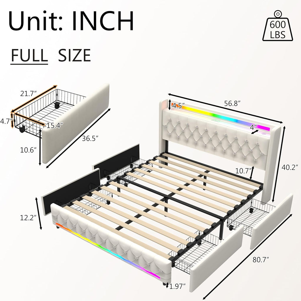 Beige Full Bed Frame with Bluetooth Speakers,LED Headboard and Footboard & USB & Type-C Charging Station & 4 Drawers Storage,Wooden Slats Support,Velvet Upholstered Bed,Easy Assembly
