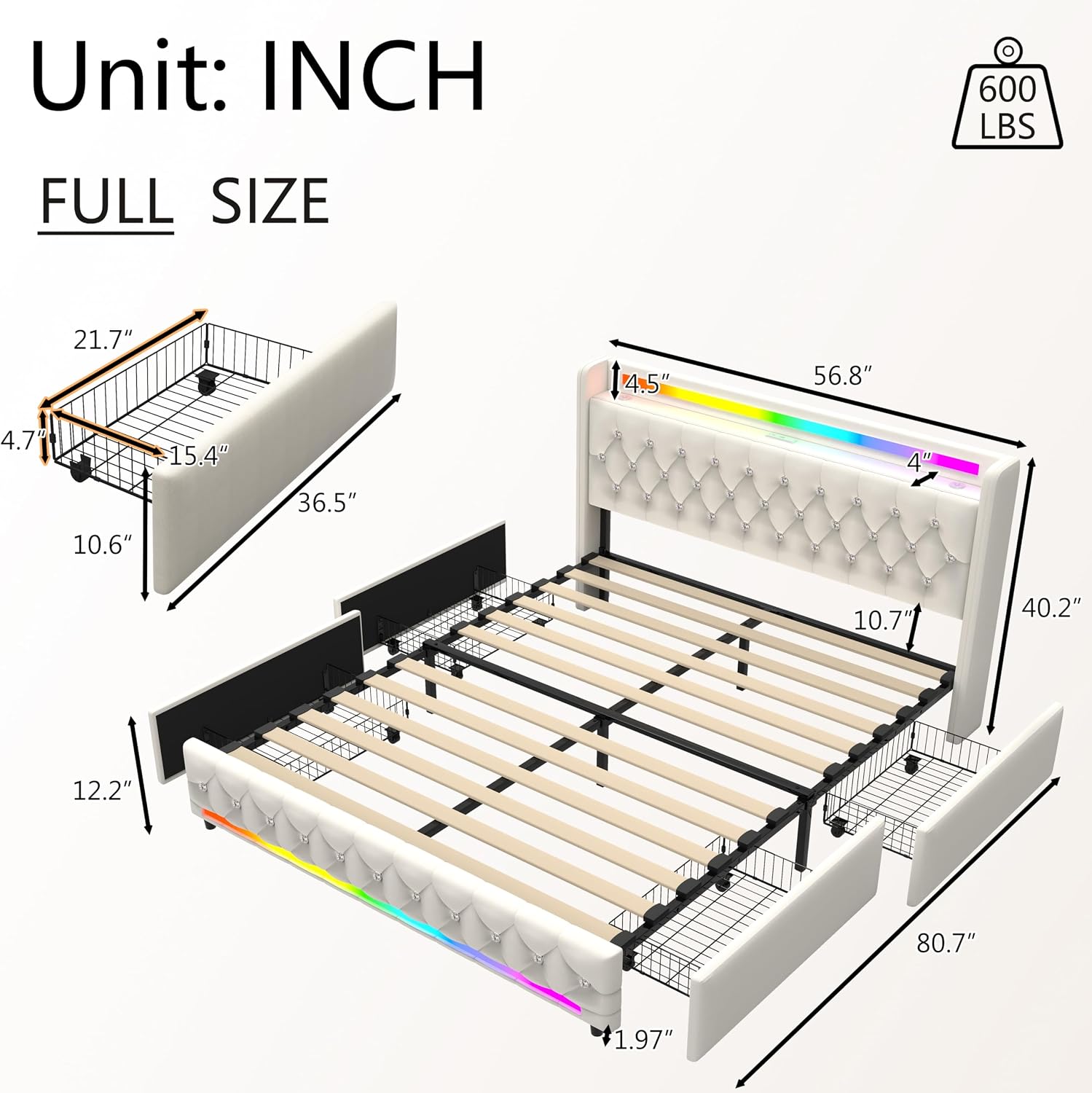 Beige Full Bed Frame with Bluetooth Speakers,LED Headboard and Footboard & USB & Type-C Charging Station & 4 Drawers Storage,Wooden Slats Support,Velvet Upholstered Bed,Easy Assembly