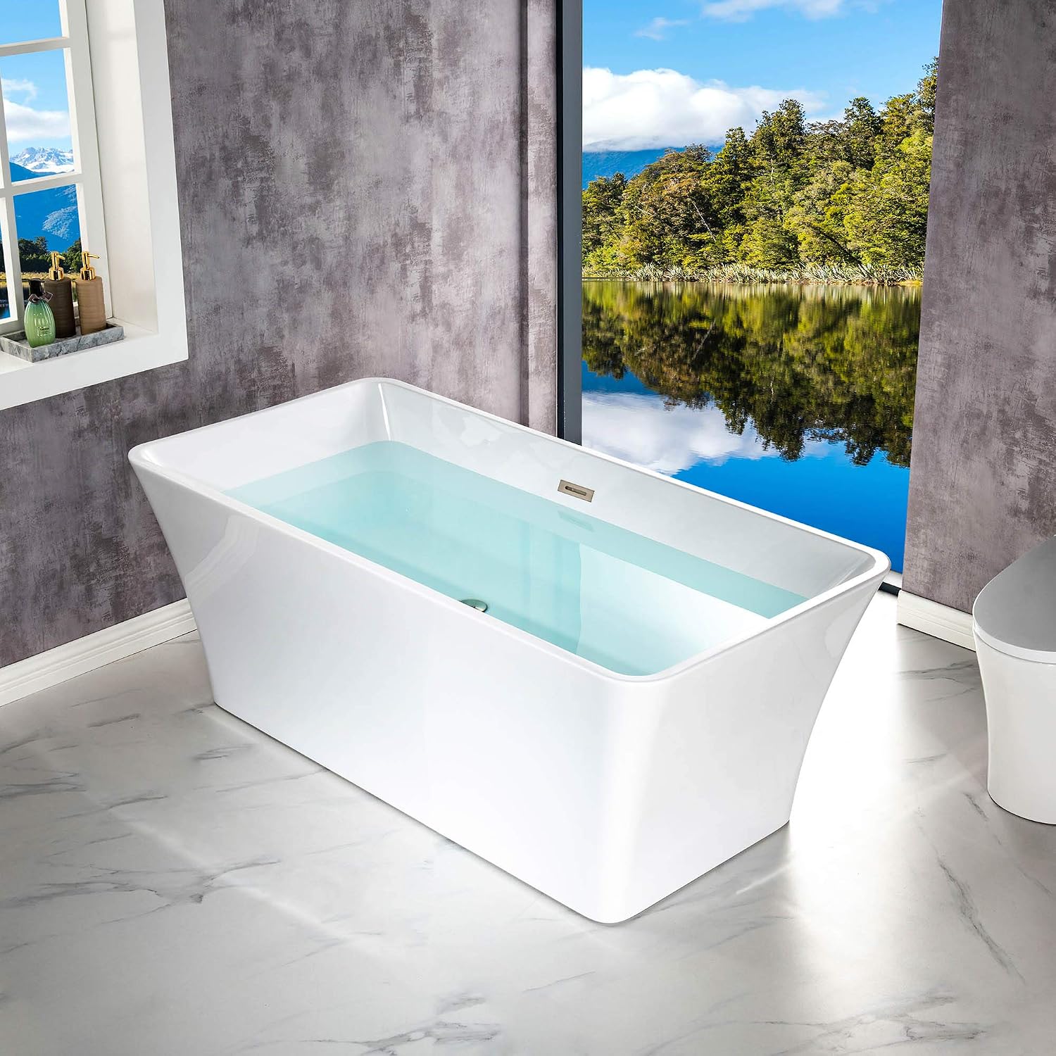 WOODBRIDGE 59' Acrylic Freestanding Bathtub Contemporary Soaking White Tub with Brushed Nickel Overflow and Drain，BTA1509 -B/N-Drain &O