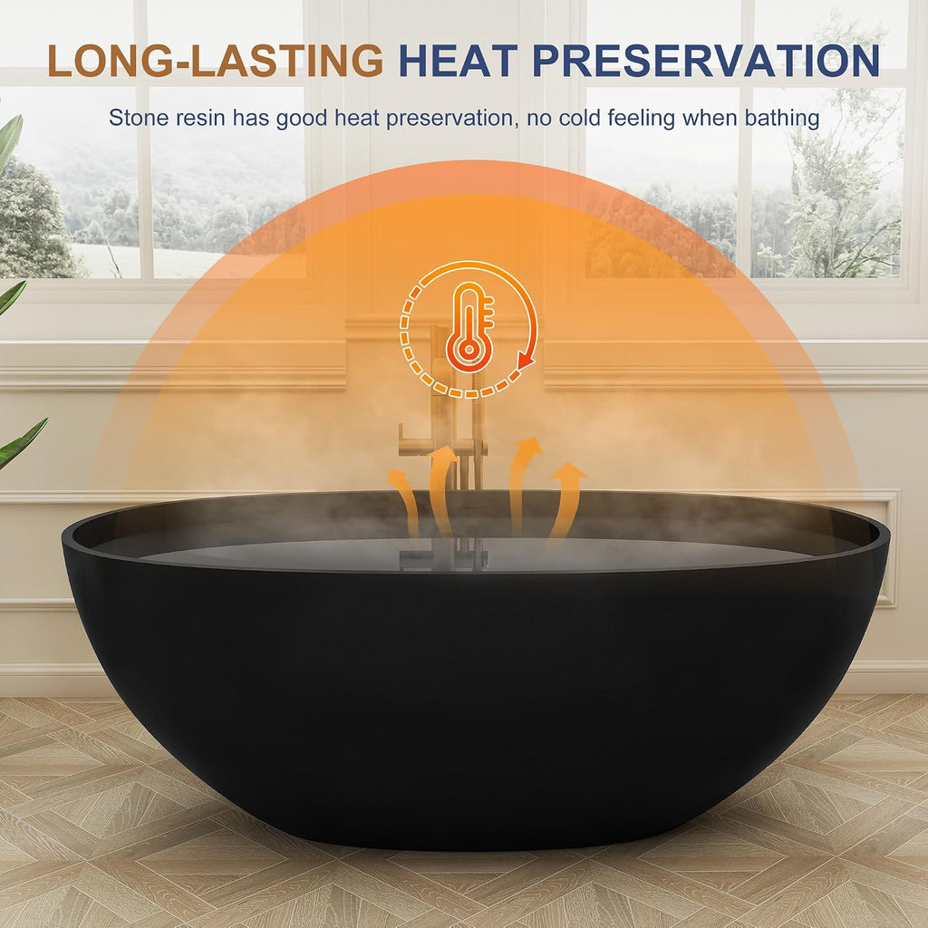 SJ STAR&JANE 61' Solid Surface Freestanding Bathtub, Matte Black Oval Soaking Stone Resin Tub with Overflow and Pop-up Drain for Modern Bathrooms