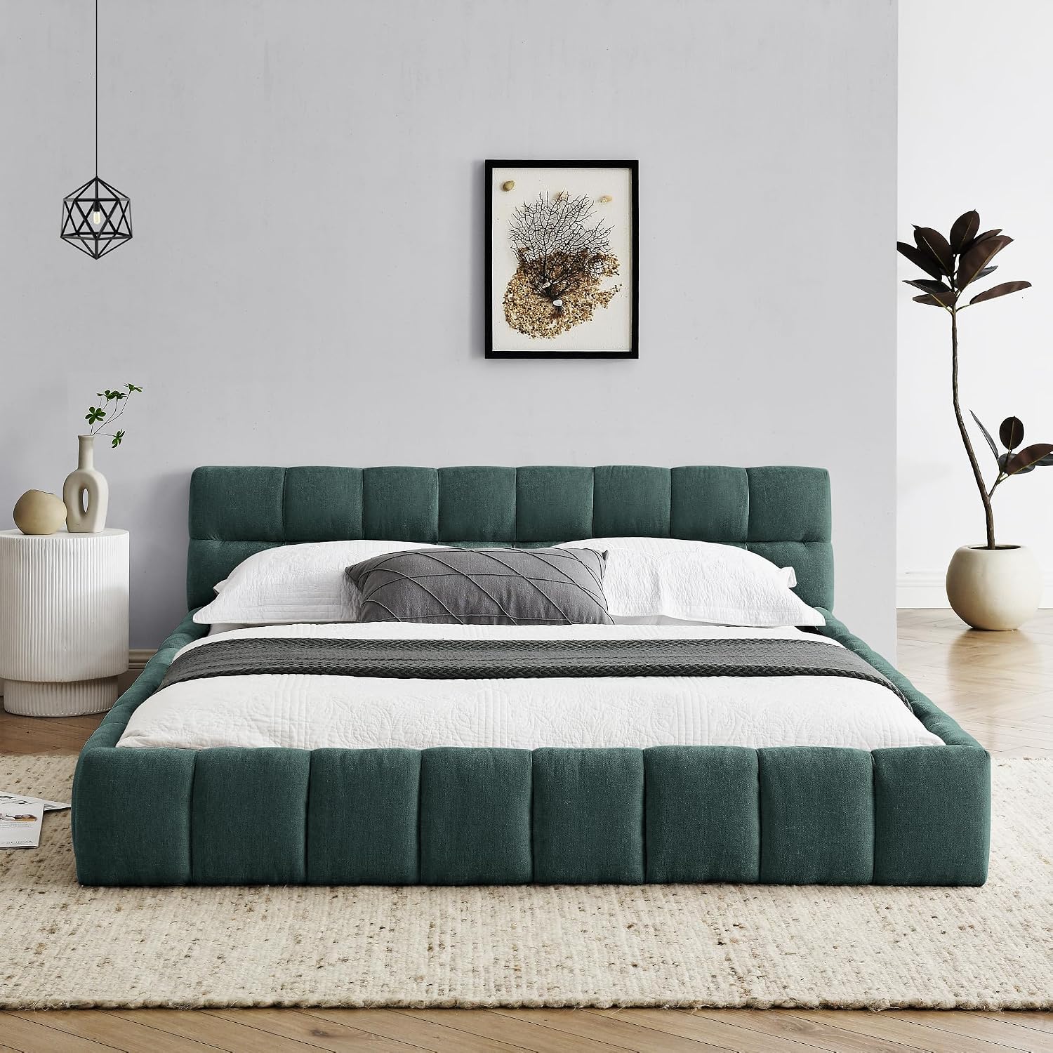 extrasleep Queen Size Soft Cloud Bed Frame, Chenille Upholstered Platform Beds with Thick Headboard, Queen Floor Bed with Solid Wood Frame, No Box Spring Needed, Easy Assembly, Green