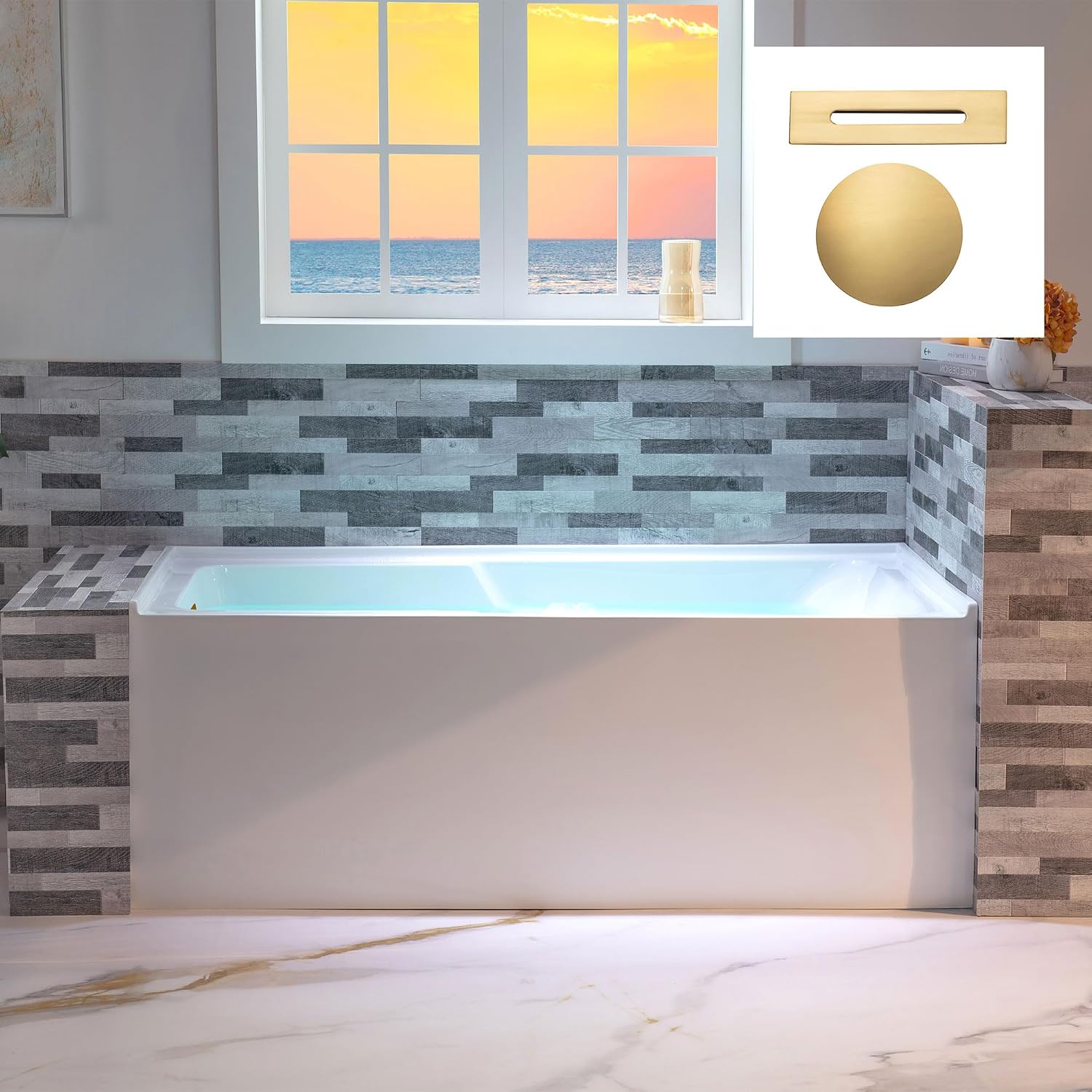 WOODBRIDGE 60' Acrylic Rectangular Alcove Soaking Bathtub in White with Left Drain, Brushed Gold pop-UP Drain Included BA6030L