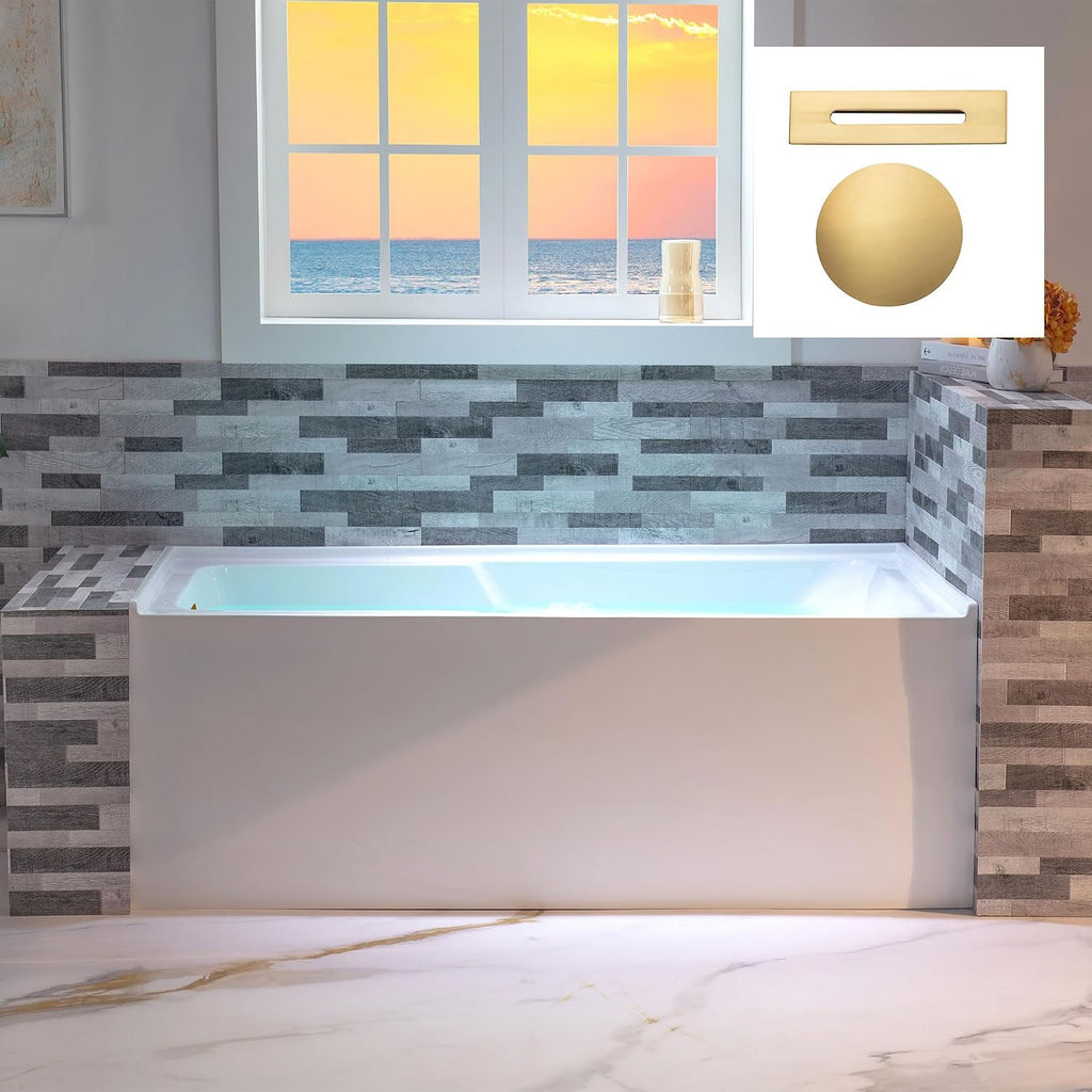 WOODBRIDGE 54' Acrylic Rectangular Alcove Soaking Bathtub in White with Left Drain, Brushed Gold pop-UP Drain Included BA5430L