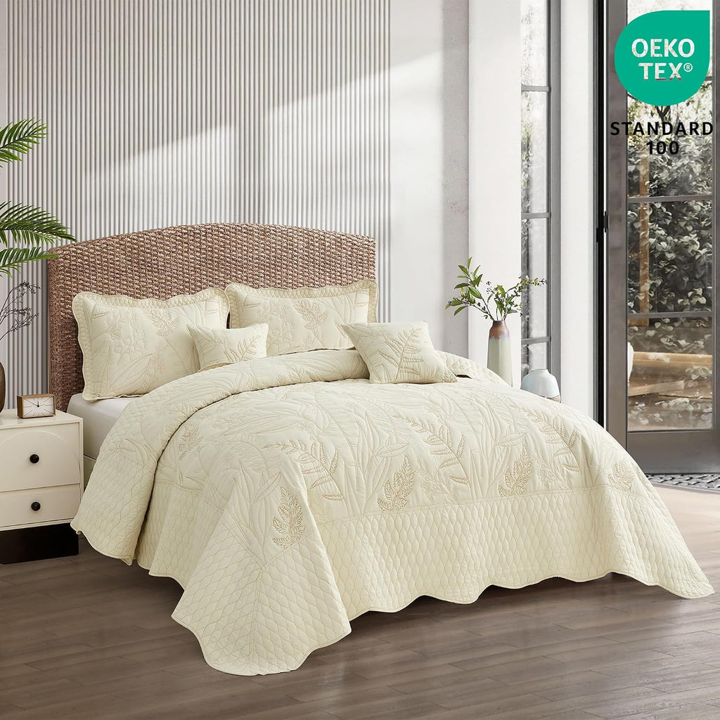 DaisyHuang Botanical Oversized Bedspread Queen Size - Leaves Pattern Stitching Quilt Set - Elegant & Fresh Style Bedding Coverlets, Reversible, Lightweight, 5 Piece, Ivory