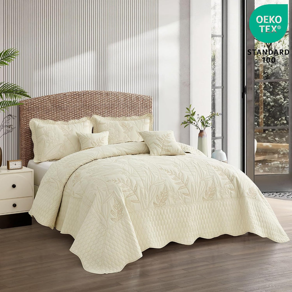 DaisyHuang Botanical Oversized Bedspread King Size - Leaves Pattern Stitching Quilt Set - Elegant & Fresh Style Bedding Coverlets, Reversible, Lightweight, 5 Piece, Ivory