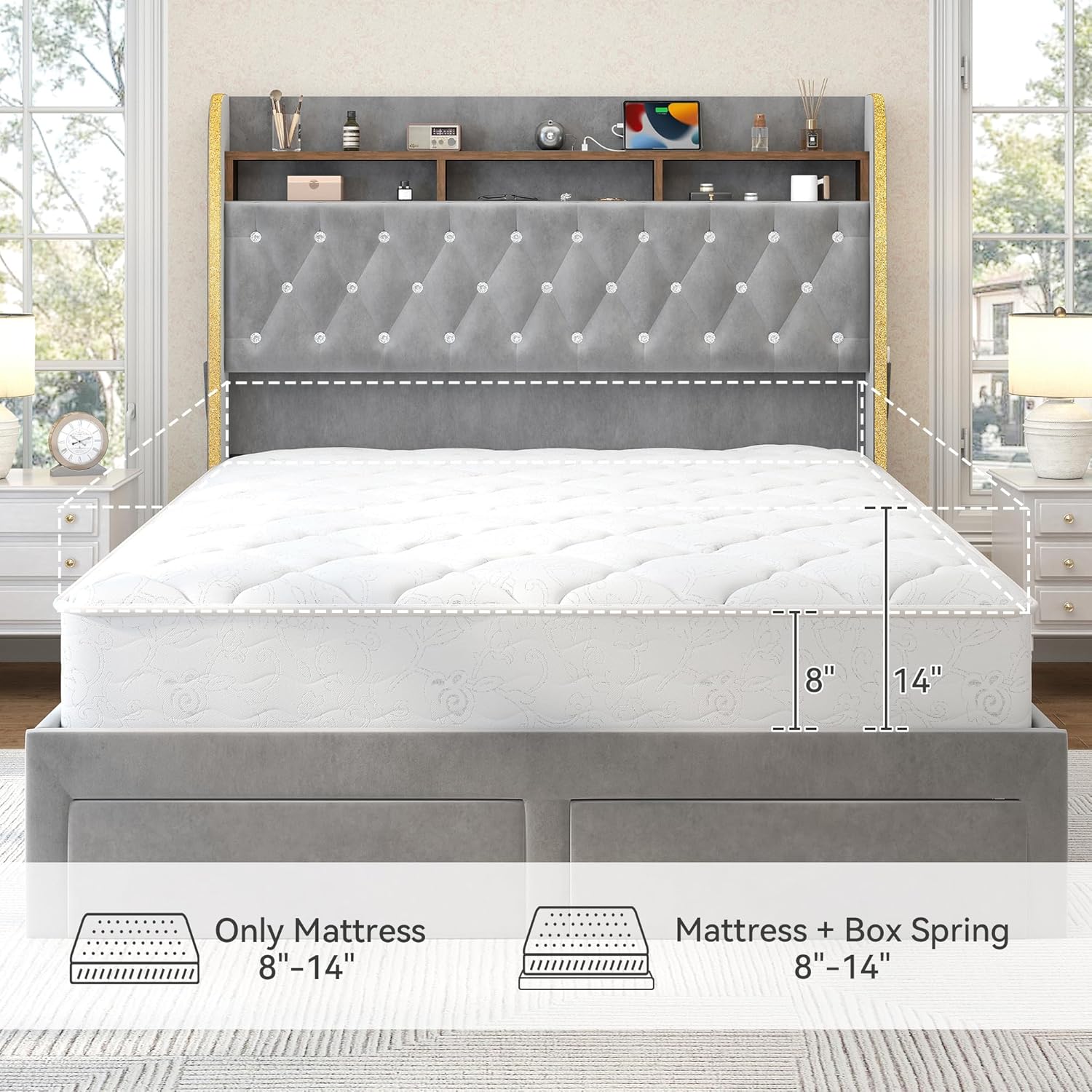 Torana Full LED Bed Frame with 2 Drawers, 53' Tall Platform Beds with Galaxy Star Projector Charging Station, Velvet Upholstered Diamond Tufted Aurora Bedframe with Storage Headboard, Grey