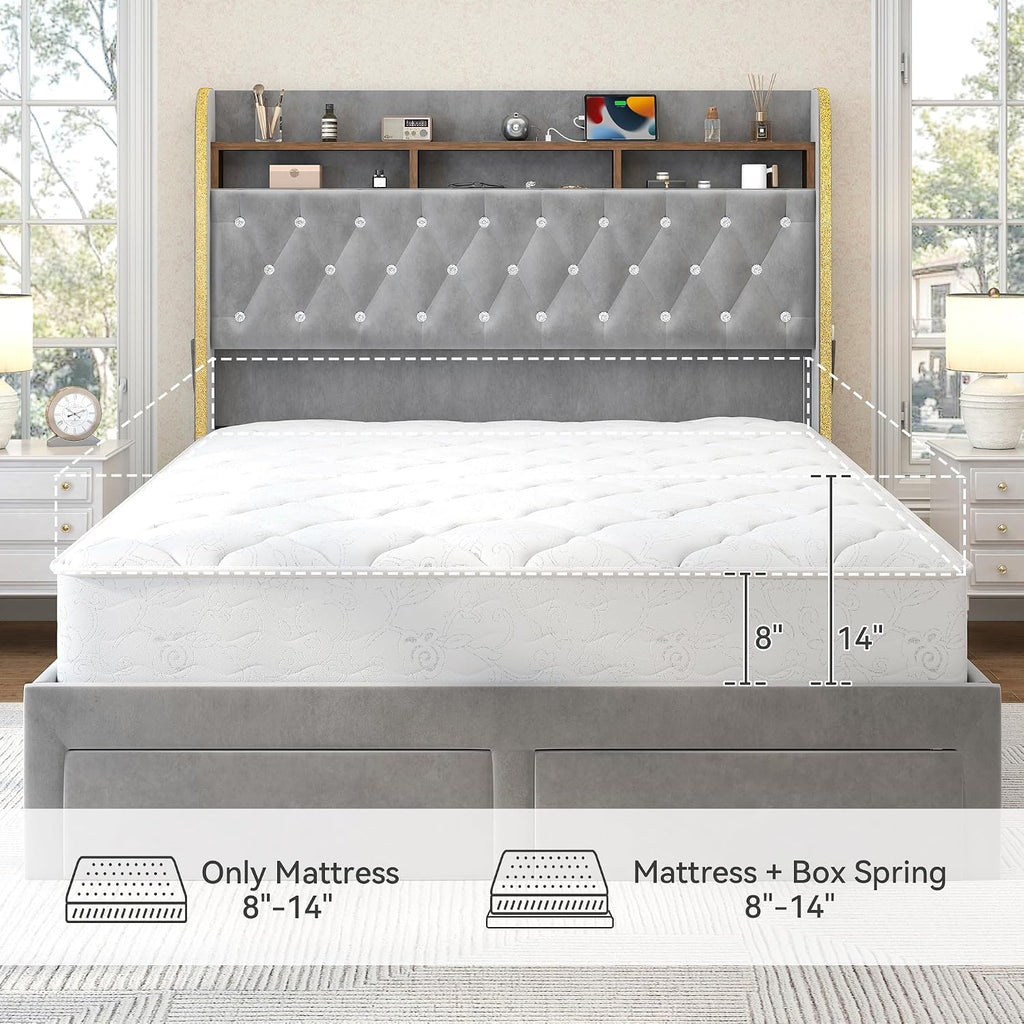 Torana Queen LED Bed Frame with 2 Drawers, 53' Tall Platform Beds with Galaxy Star Projector Charging Station, Velvet Upholstered Diamond Tufted Aurora Bedframe with Storage Headboard, Grey