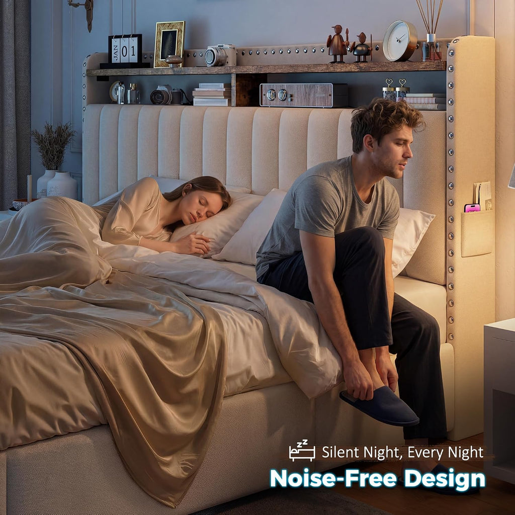 EnHomee King Size Bed Frame with 4 Storage Drawers, 2-Tier Vertical Tufted Storage Headboard, Platform King Bed Frame with Wooden Slats Support, No Box Spring Needed, Beige