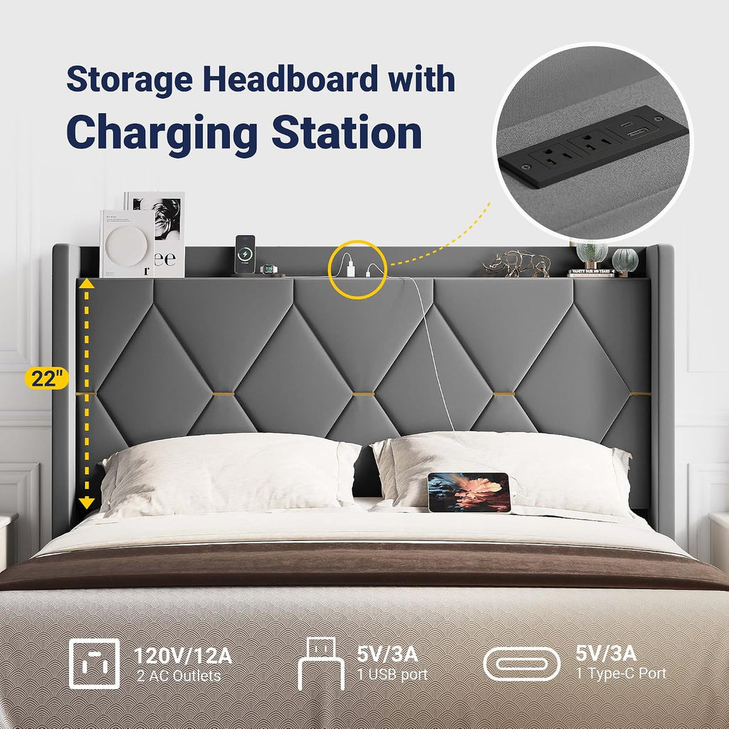 Allewie Velvet Full Size Upholstered Bed Frame with Wingback Storage Headboard & Charging Station, Platform Bed with Diamond Tufted Design & Gold Trim, No Box Spring Needed, Easy Assembly, Grey