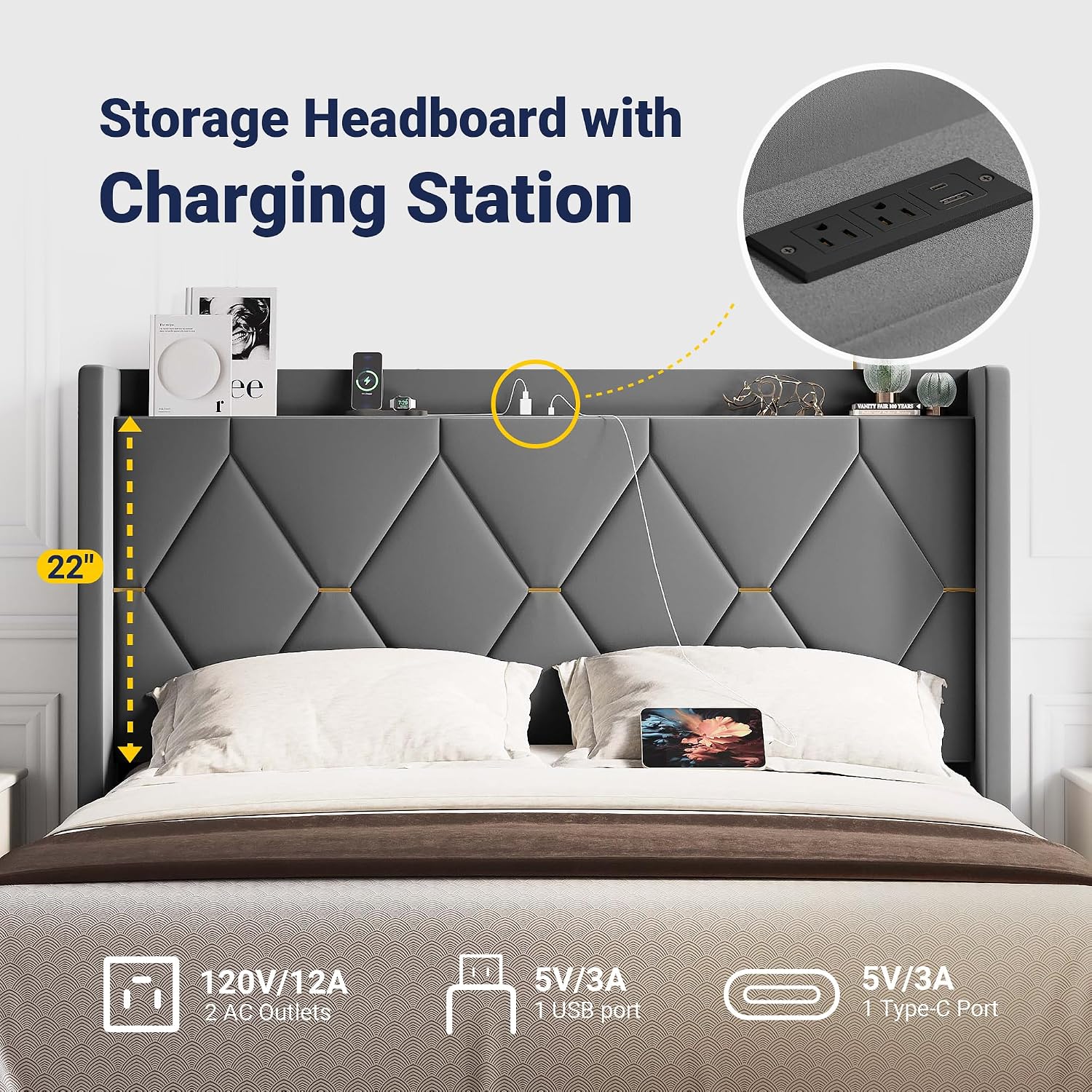 Allewie Velvet Full Size Upholstered Bed Frame with Wingback Storage Headboard & Charging Station, Platform Bed with Diamond Tufted Design & Gold Trim, No Box Spring Needed, Easy Assembly, Grey