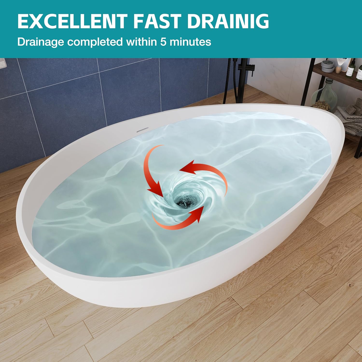 63'' Solid Surface Freestanding Bathtub Matte Soaking Bathtubs Tubs Oval Resin Stone Bathtubs with Overflow and Pop-up Drain - White Free Standing Tub
