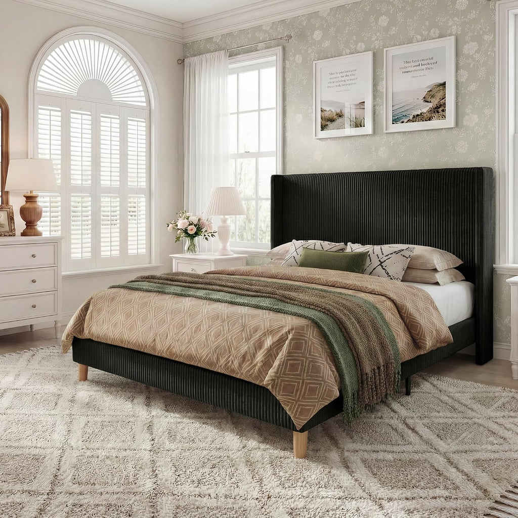 HUAHUU Queen Bed Frame with 51.2' Tall Headboard, Corduroy Upholstered Bed Frame with Wingback, Platform Bed with Wooden Slats Support, Easy Assembly, No Box Spring Needed, Black