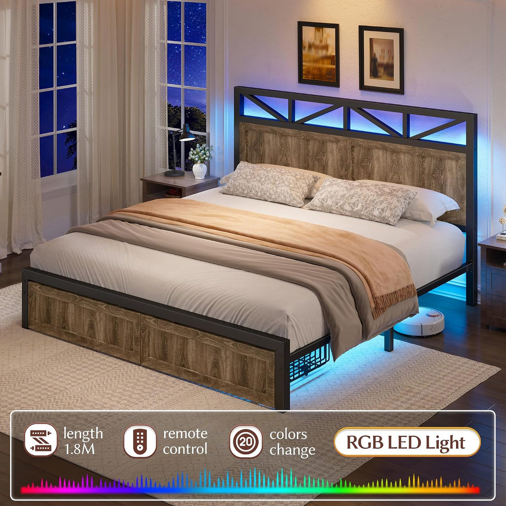 EnHomee Full Size Bed Frame with 2 Storage Drawers and Headboard Full Bed Frame with Built in Charging Station & LED Light,NO Noise,No Box Spring Needed,Light Grey