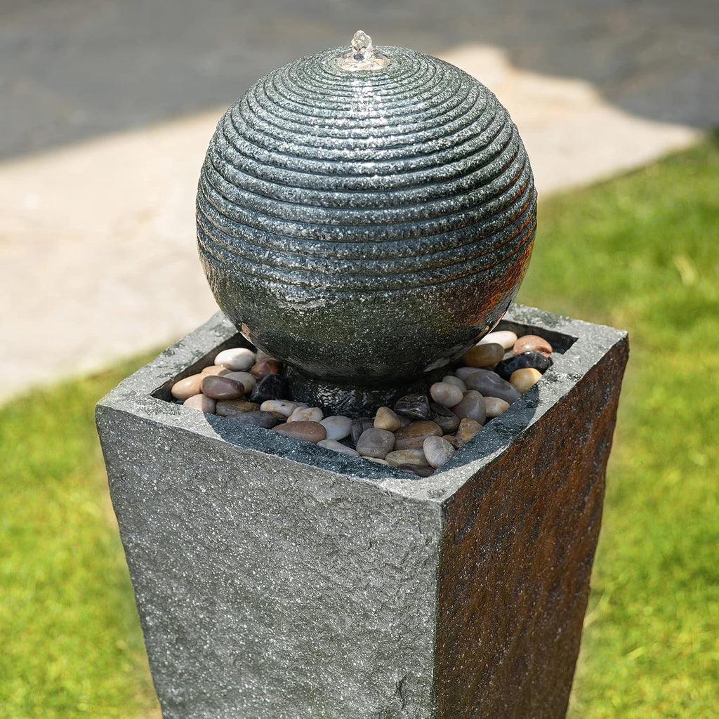 Glitzhome Outdoor Water Fountain with LED Light, Decorative Sphere Pedestal Outdoor Fountain with Submersible Pump, Vintage Waterfall Fountains for Garden Patio Deck Porch, 31.69'H