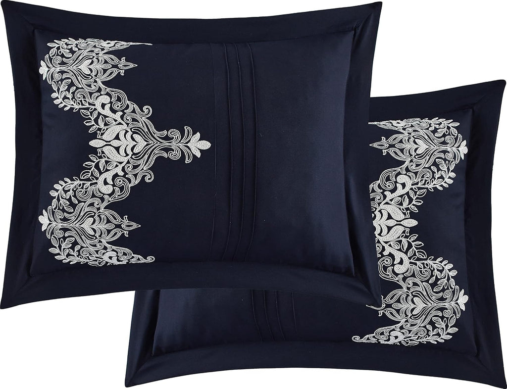Grand Avenue Navy Damask Patchwork Queen Size Comforter Set, 7 Piece, Chain Stitching Embroidery Ultra Soft, Premium Microfiber, All Season