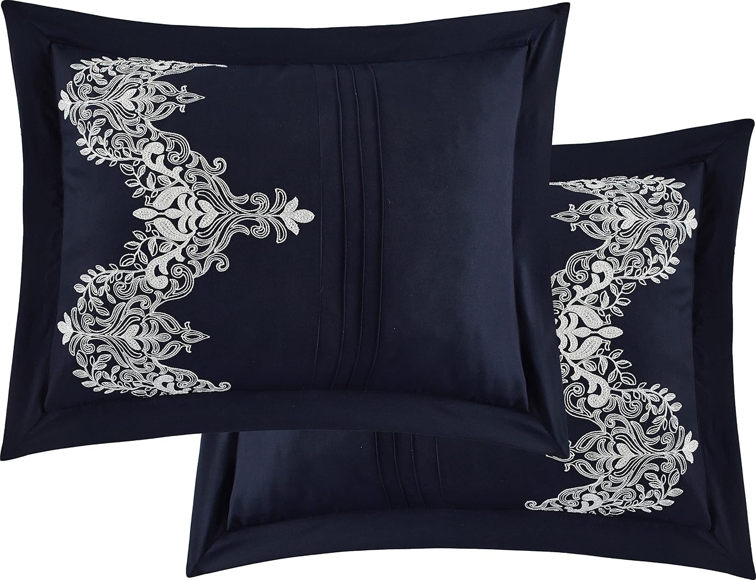 Grand Avenue Navy Damask Patchwork Comforter Sets King Size Bed, 7 Piece, Chain Stitching Embroidery Ultra Soft, Premium Microfiber, All Season