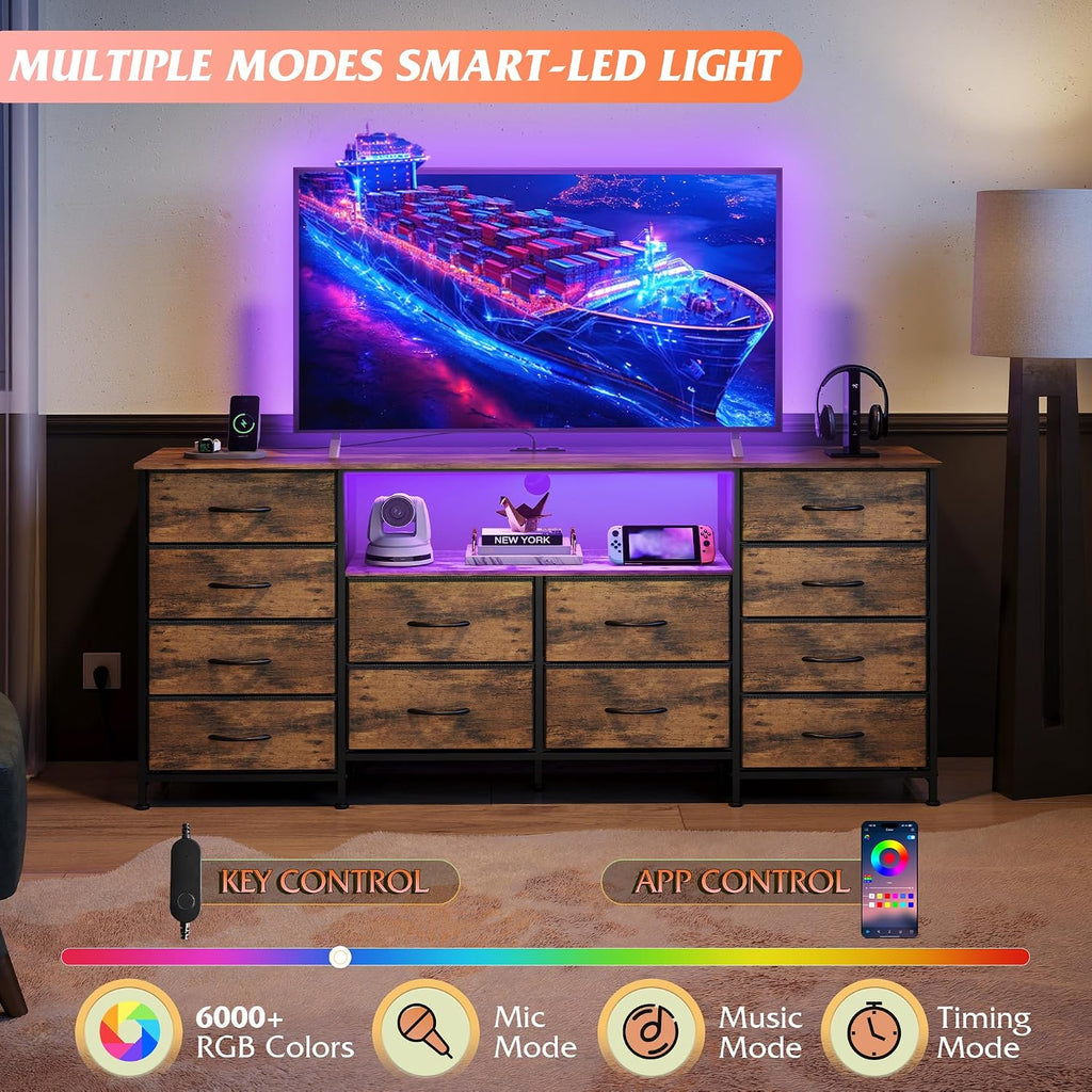 WLIVE 12 Drawer Dresser for Bedroom, Dresser TV Stand for 65, 70, 75 inch TV with Led Lights & Charging Station, Wide Chest of Drawers with Open Shelves, Fabric Dressers for Living Room, Rustic Brown