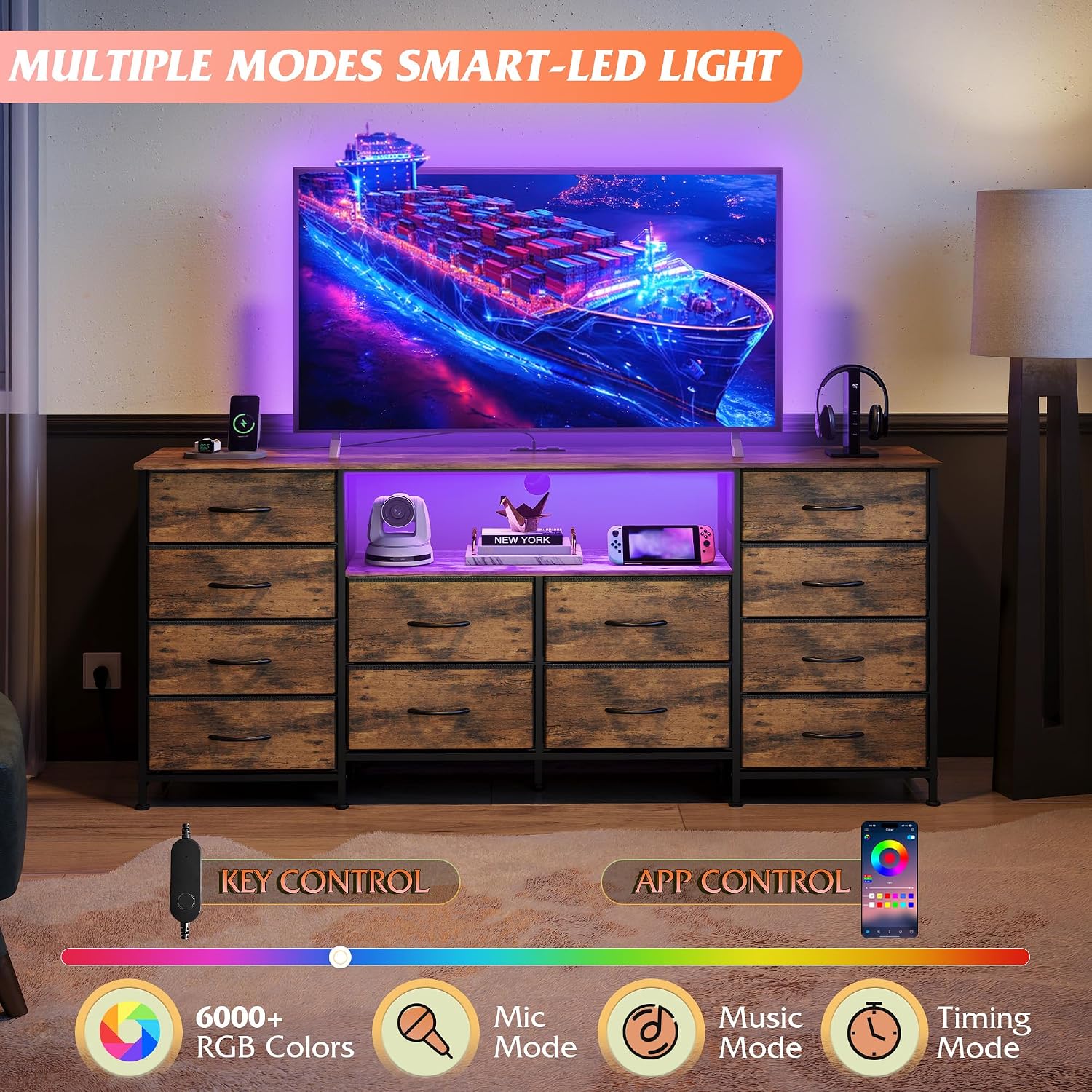 WLIVE 12 Drawer Dresser for Bedroom, Dresser TV Stand for 65, 70, 75 inch TV with Led Lights & Charging Station, Wide Chest of Drawers with Open Shelves, Fabric Dressers for Living Room, Rustic Brown