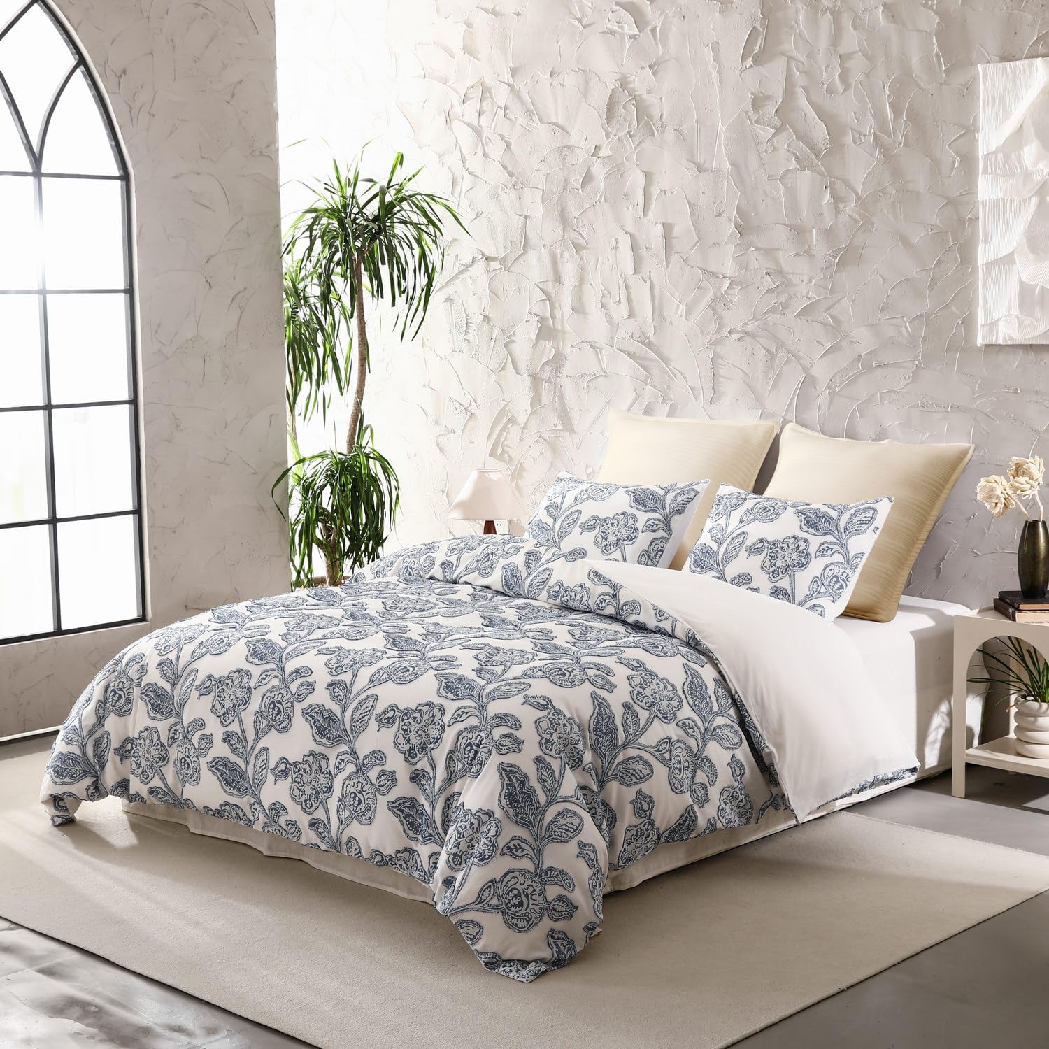 meadow park Cotton Clipped Jacquard Comforter Set 5 Pieces, King Size, Shabby Chic Home Bedding Set, Blue