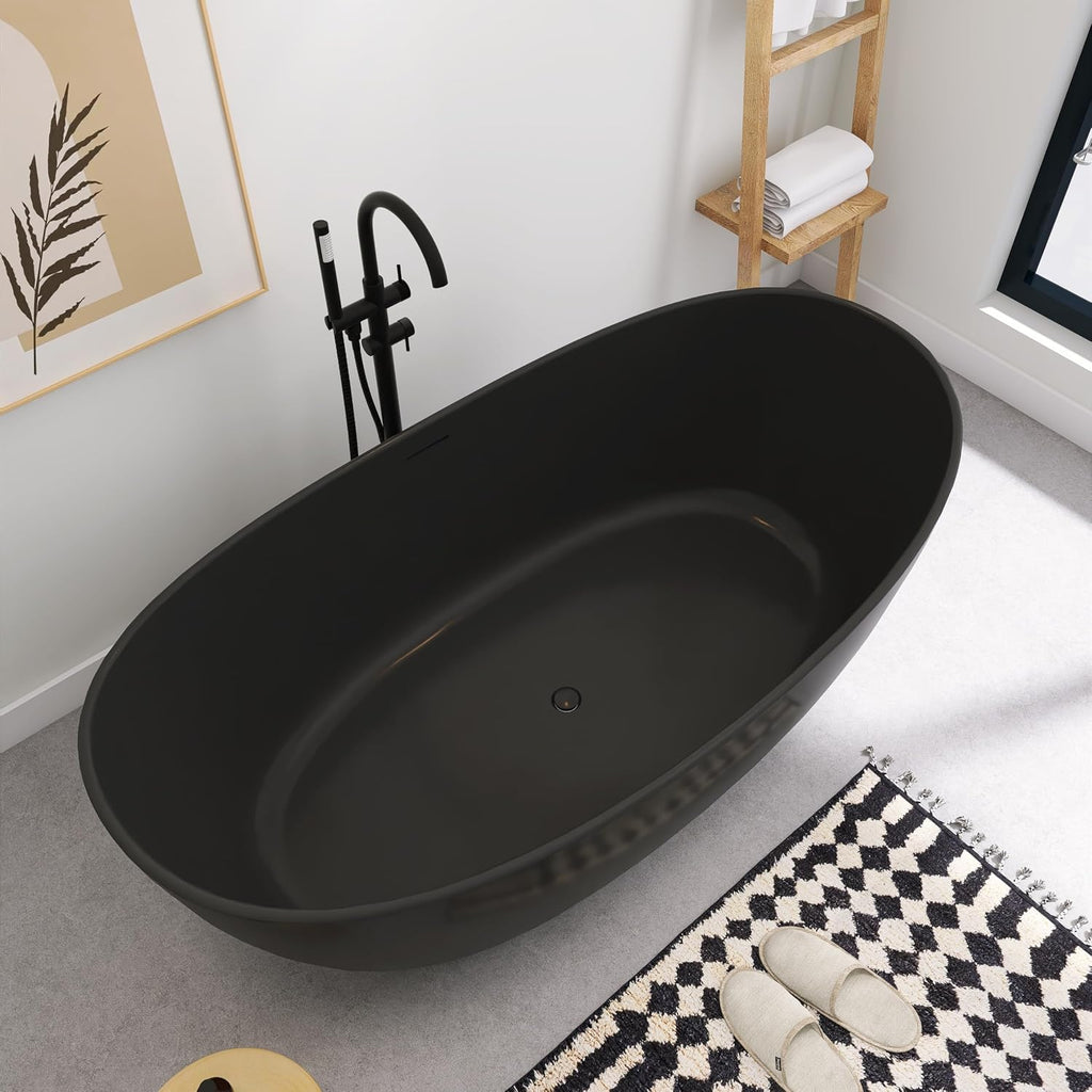 SJ STAR&JANE 65' Solid Surface Freestanding Bathtub Stone Resin Soaking Tub Matte Black Double Slippers Stand Alone Oval Tub with Pop-up Drain and Overflow for Bathroom