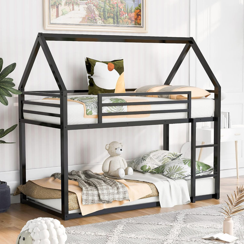 MERITLINE Metal Bunk Bed Twin Over Twin Size House Shaped Bunk Bed Frame Low Bunk Beds for Kids and Toddlers, Twin Size