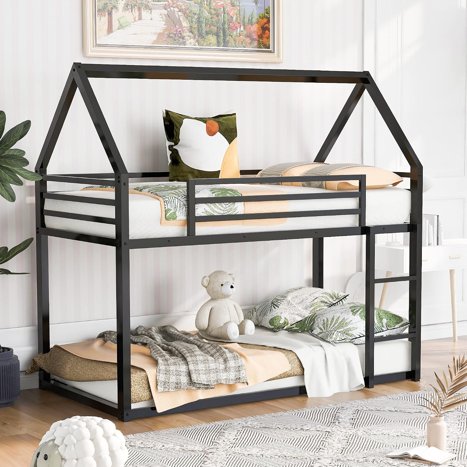 MERITLINE Metal Bunk Bed Twin Over Twin Size House Shaped Bunk Bed Frame Low Bunk Beds for Kids and Toddlers, Twin Size
