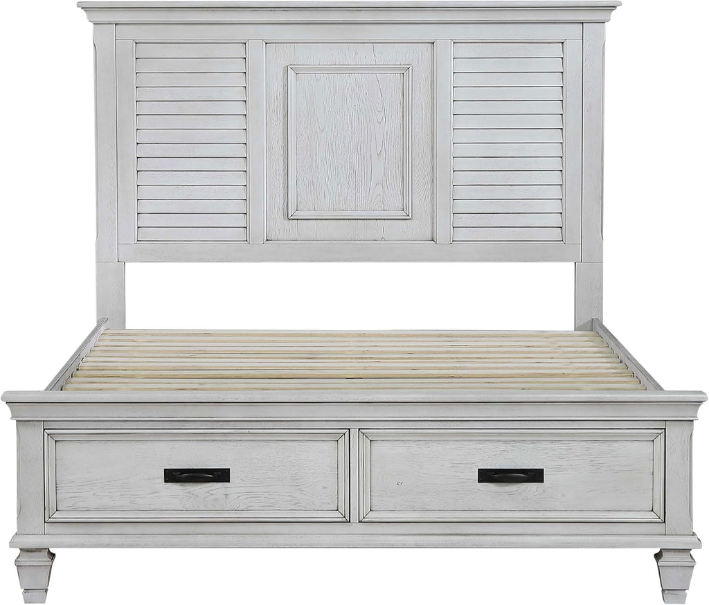 Coaster Home Furnishings Franco Farmhouse 4-Piece Bedroom Set Queen Size Storage Panel Bed Frame 57-inch Headboard Distressed White 205330Q-S4