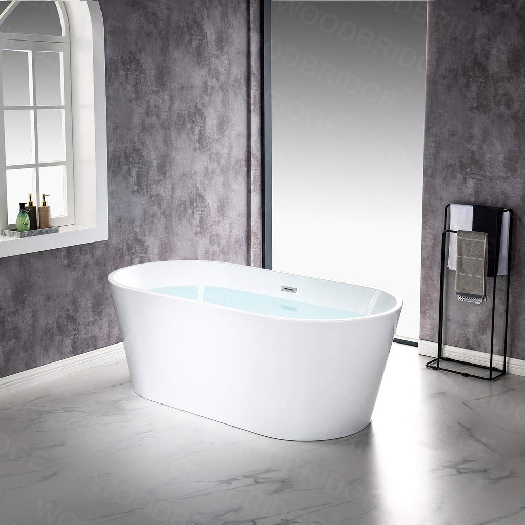 WOODBRIDGE 67' Acrylic Freestanding Bathtub Contemporary Soaking White Tub with Chrome Overflow and Drain，B0013-CH