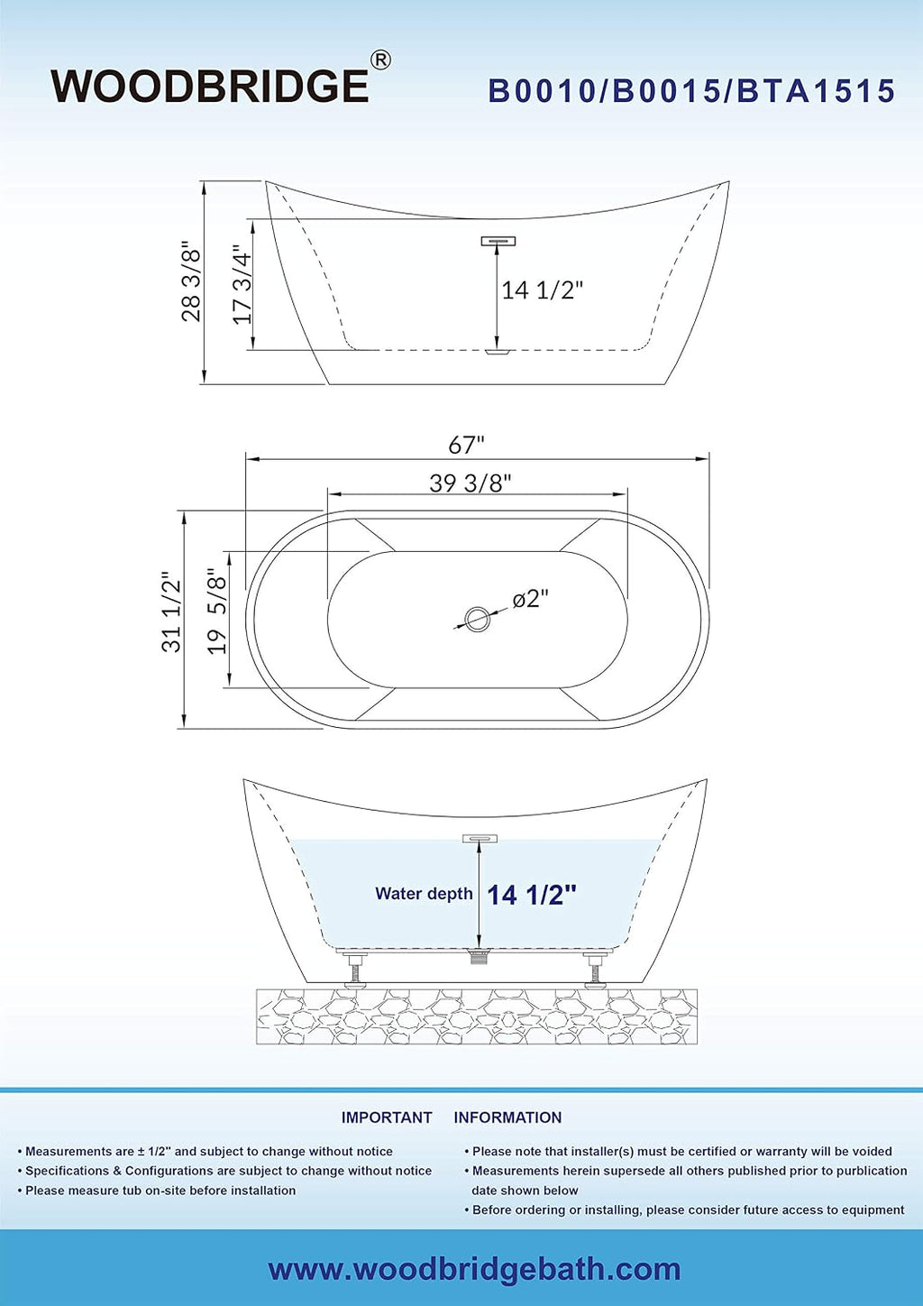 WOODBRIDGE 67' Acrylic Freestanding Bathtub Contemporary Soaking White Tub with Matte Black Overflow and Drain，BTA1515-MB-Drain&O