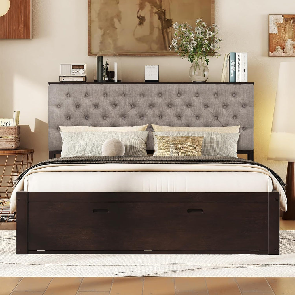 Modern Queen Size Platform Bed with Upholstered Storage Headboard, Wood Platform Bed Frame with Shoe Rack and 4 Drawers, Sturdy Slat Support, Maximize Space (Espresso-21)