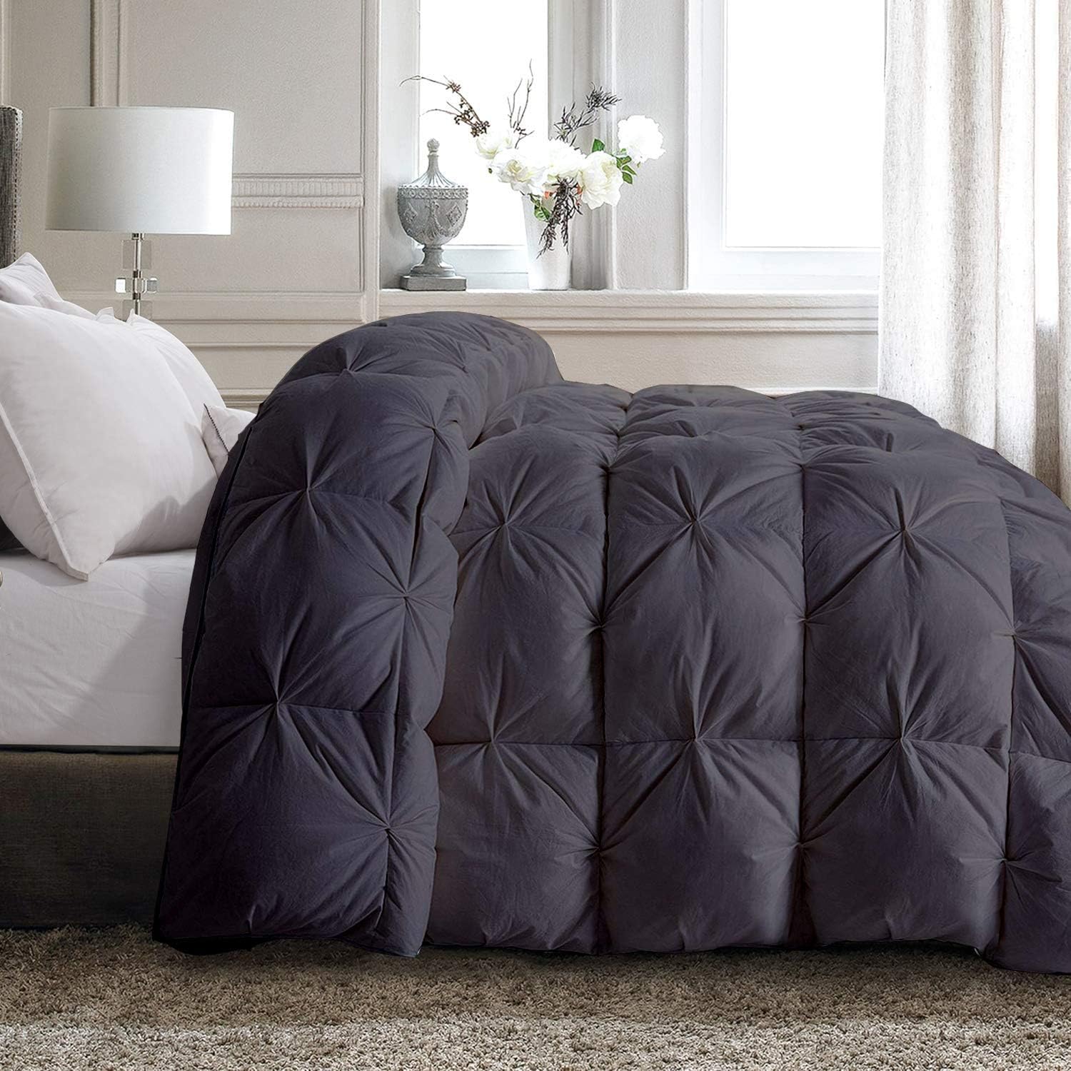 Pinch Pleated Dark Grey 5 Piece Soft 500 GSM California Queen Size Comforter Set (Comforter + 4 Pillowcases) 1000 Series Egyptian Cotton Comforter Set