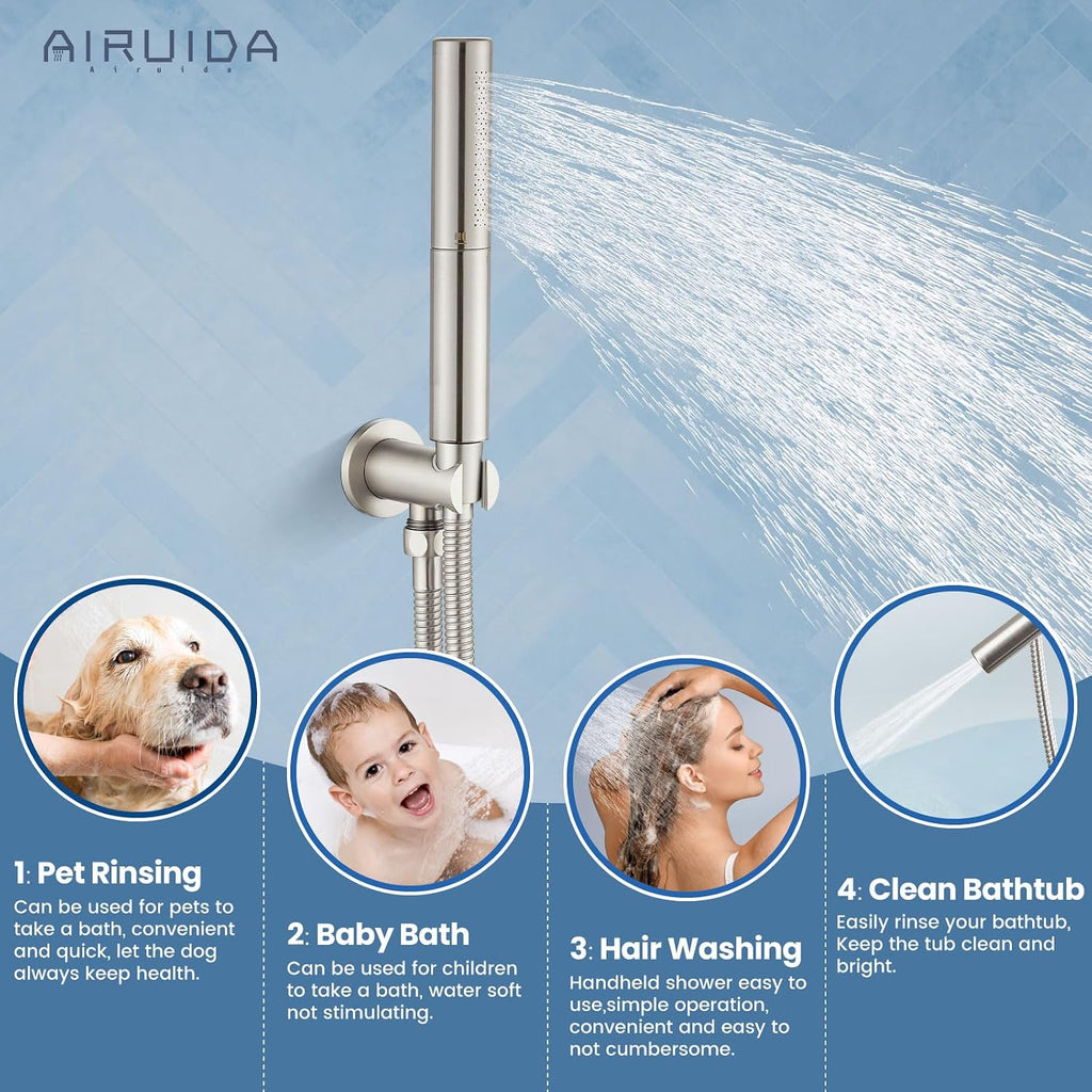 Airuida 3-Function Shower System with Tub Spout – Round Rainfall Shower Faucet Combo,Handheld Spray with 2 Functions,Includes Rough-In Valve with 360° Rotating Drain,8 Inch Shower Head,Brushed Nickel