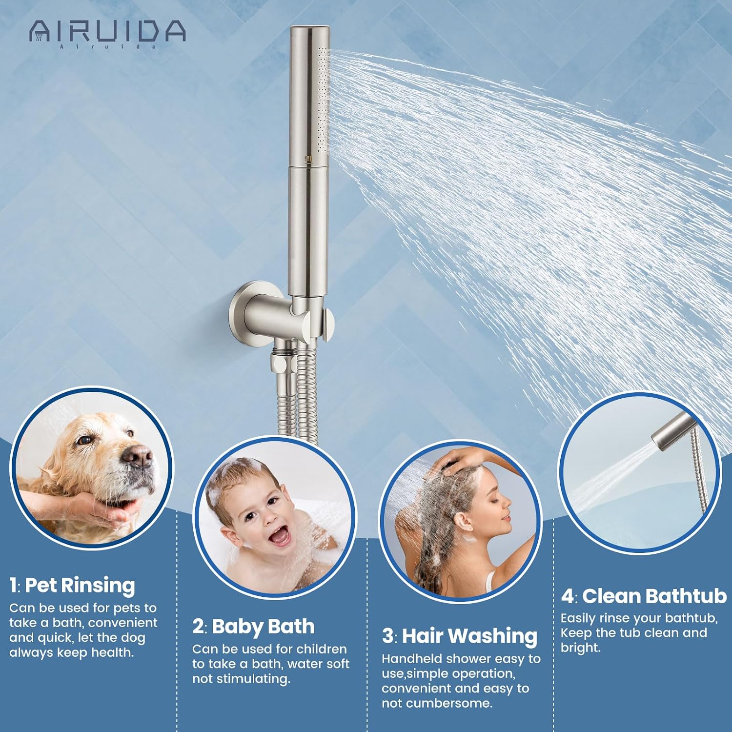 Airuida 3-Function Shower System with Tub Spout – Round Rainfall Shower Faucet Combo,Handheld Spray with 2 Functions,Includes Rough-In Valve with 360° Rotating Drain,8 Inch Shower Head,Brushed Nickel