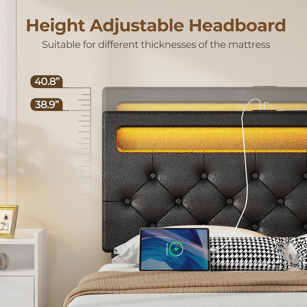 Rolanstar Queen Size Bed Frame with Charging Station, LED Bed with Under Bed Storage, Adjustable Headboard 38.9/40.8 Inches, No Box Spring Needed, Noise Free, Easy Assembly, Black