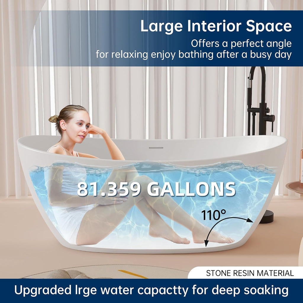 65'' Freestanding Stone Resin Bathtub, Solid Surface Free Standing Tub, Contemporary Design Soaking Tub, Stand Alone Tubs with Pop-up Drain and Overflow, Matte White
