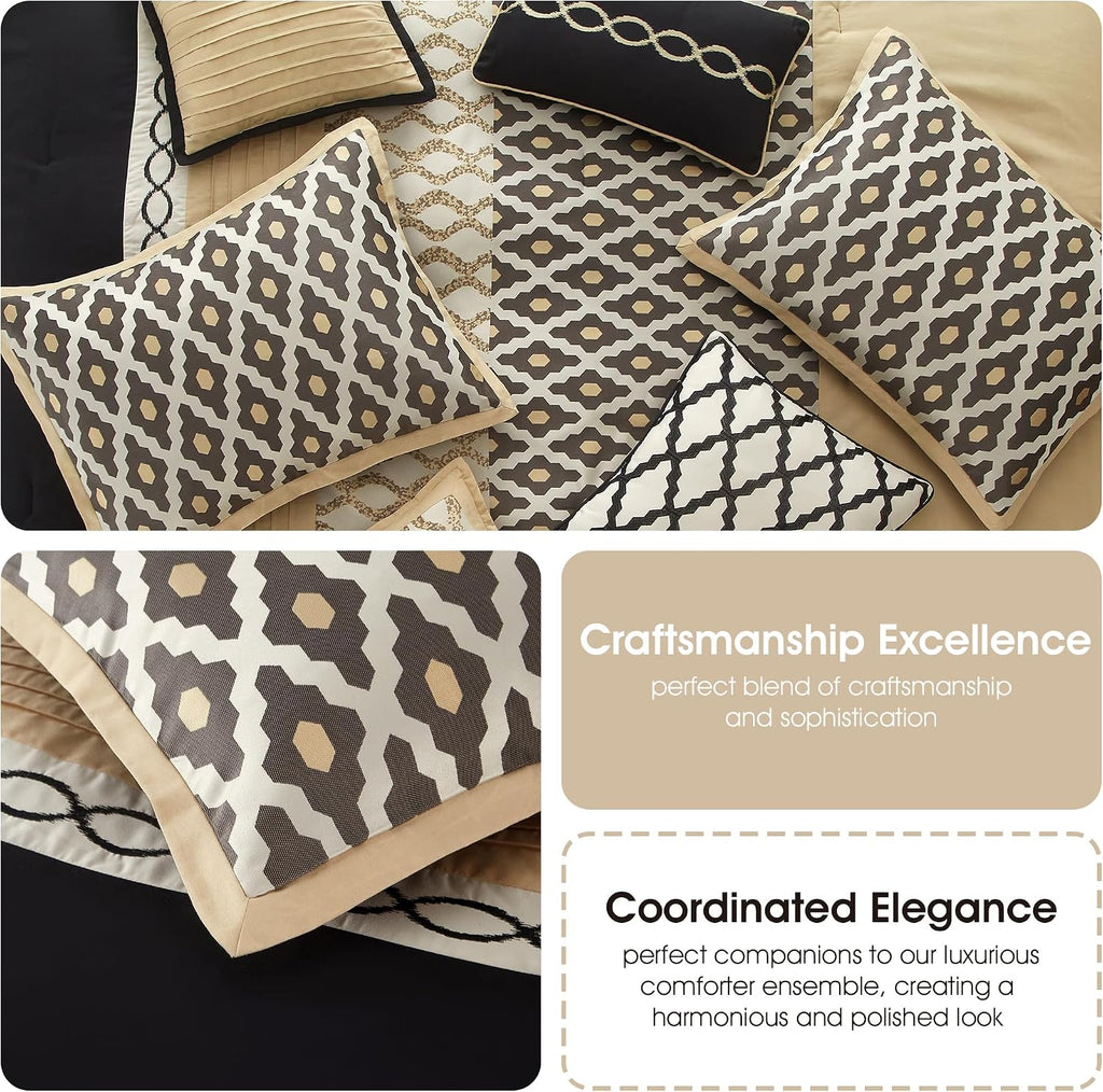 Grand Avenue Black Gold Queen Comforter Set, 10 Piece, Jacquard Bedding Comforters & Sets, Matching Bedskirt, Pillows & Shams, Ultra-Soft