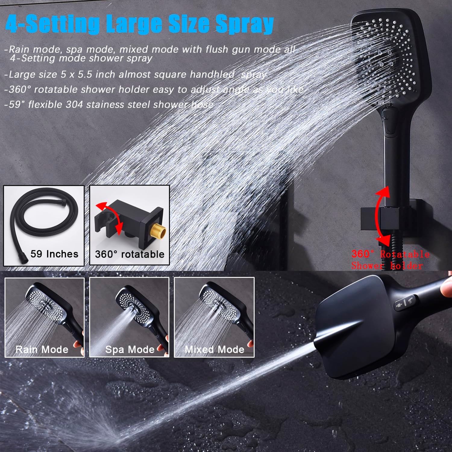 Shower System with Tub Spout 10 Inch Overhead Shower 4 Setting Handheld Spray Rough In Pressure Balance Valve Body with Trim Kit Wall Mounted Rainfall Bathtub Shower Faucet Set (Matte Black)
