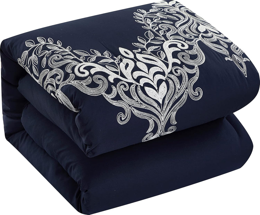 Grand Avenue Navy Damask Patchwork Queen Size Comforter Set, 7 Piece, Chain Stitching Embroidery Ultra Soft, Premium Microfiber, All Season