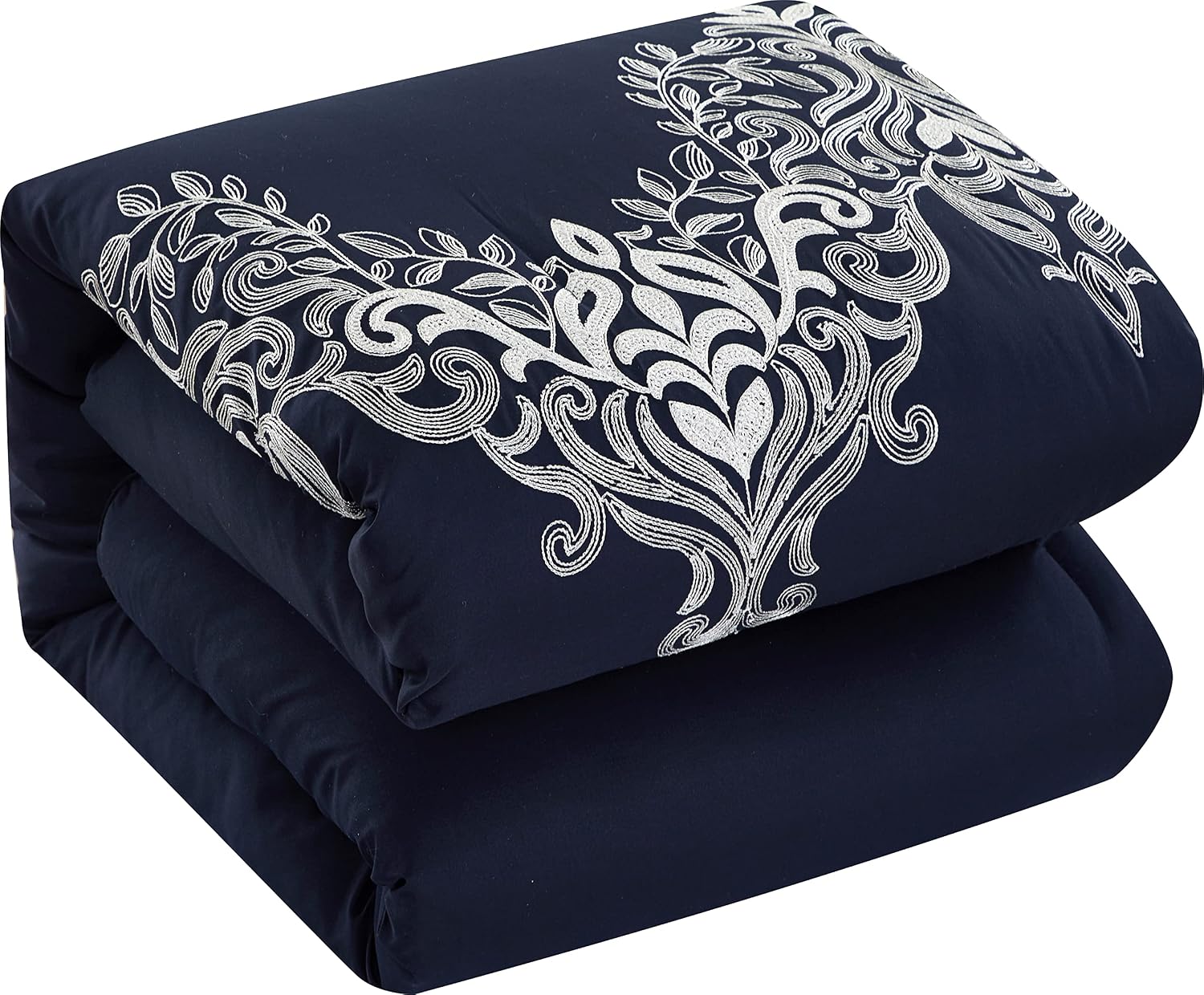 Grand Avenue Navy Damask Patchwork Comforter Sets King Size Bed, 7 Piece, Chain Stitching Embroidery Ultra Soft, Premium Microfiber, All Season