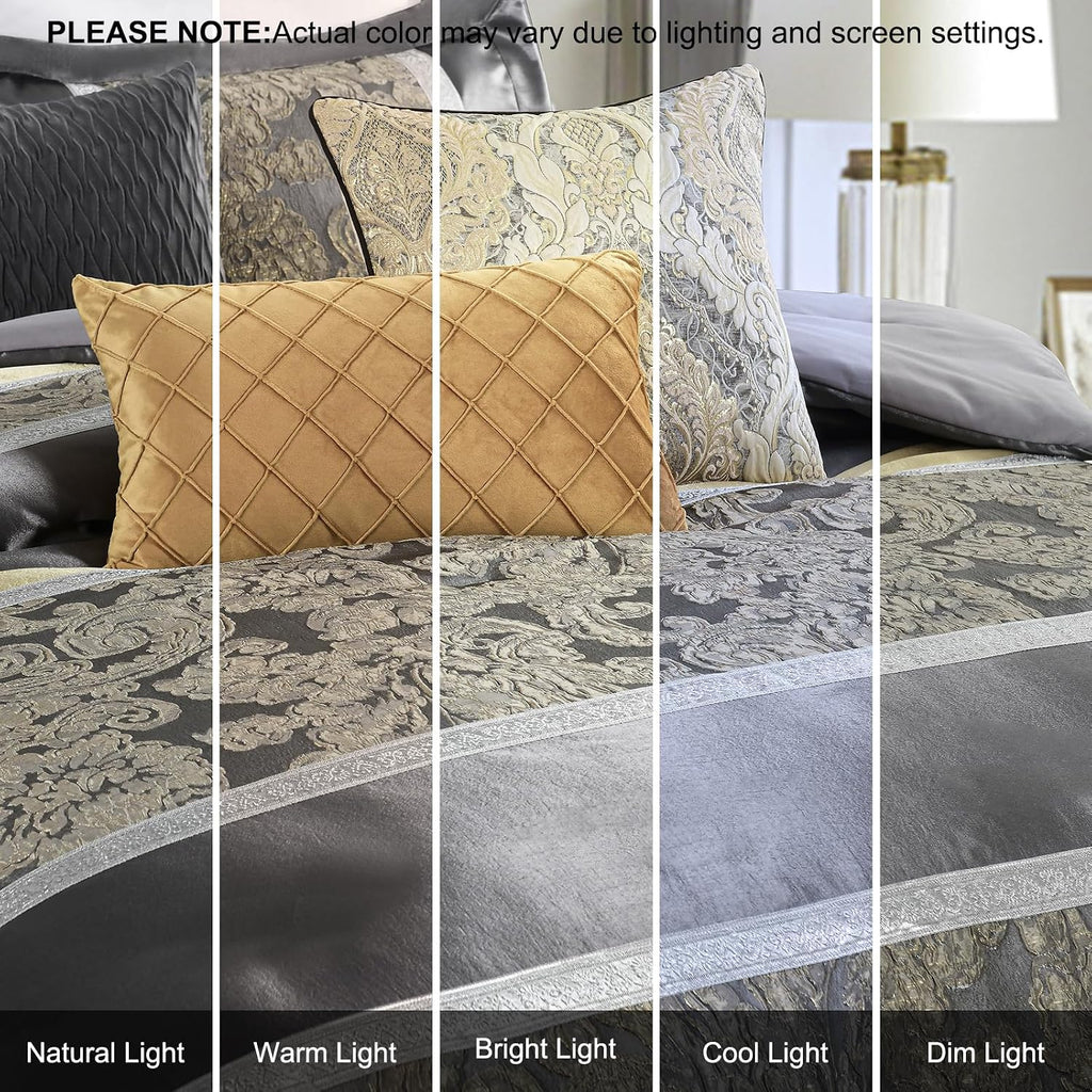Finlonte Queen Size Comforter Set, Gray Gold, 7 Piece Bed in a Bag All Seasons, Luxury Vintage Floral Jacquard Patchwork Grey Stripe, Silky Soft Bedding Sets with Bed Skirt, Shams and Decor Pillows