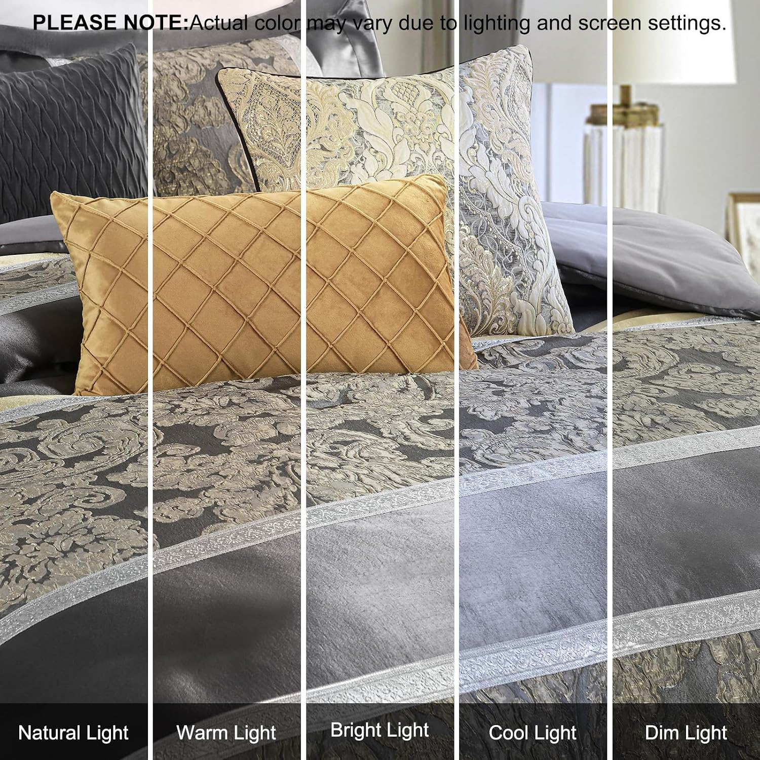 Finlonte Queen Size Comforter Set, Gray Gold, 7 Piece Bed in a Bag All Seasons, Luxury Vintage Floral Jacquard Patchwork Grey Stripe, Silky Soft Bedding Sets with Bed Skirt, Shams and Decor Pillows
