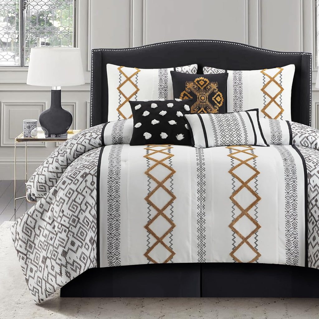 LANCO MODERN LIFESTYLE Black Gold Queen Comforter Set, 7 Pieces All Season Bedding Sets in a Bag with Geometric Terry Embroidered Comforter, Bed Skirt, Pillow Shams and Decorative Pillows