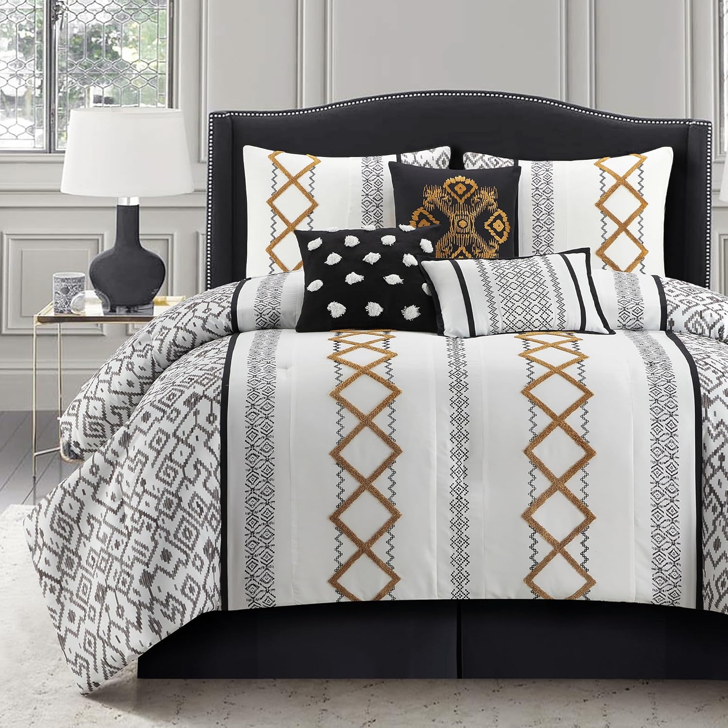 LANCO MODERN LIFESTYLE Black Gold Queen Comforter Set, 7 Pieces All Season Bedding Sets in a Bag with Geometric Terry Embroidered Comforter, Bed Skirt, Pillow Shams and Decorative Pillows