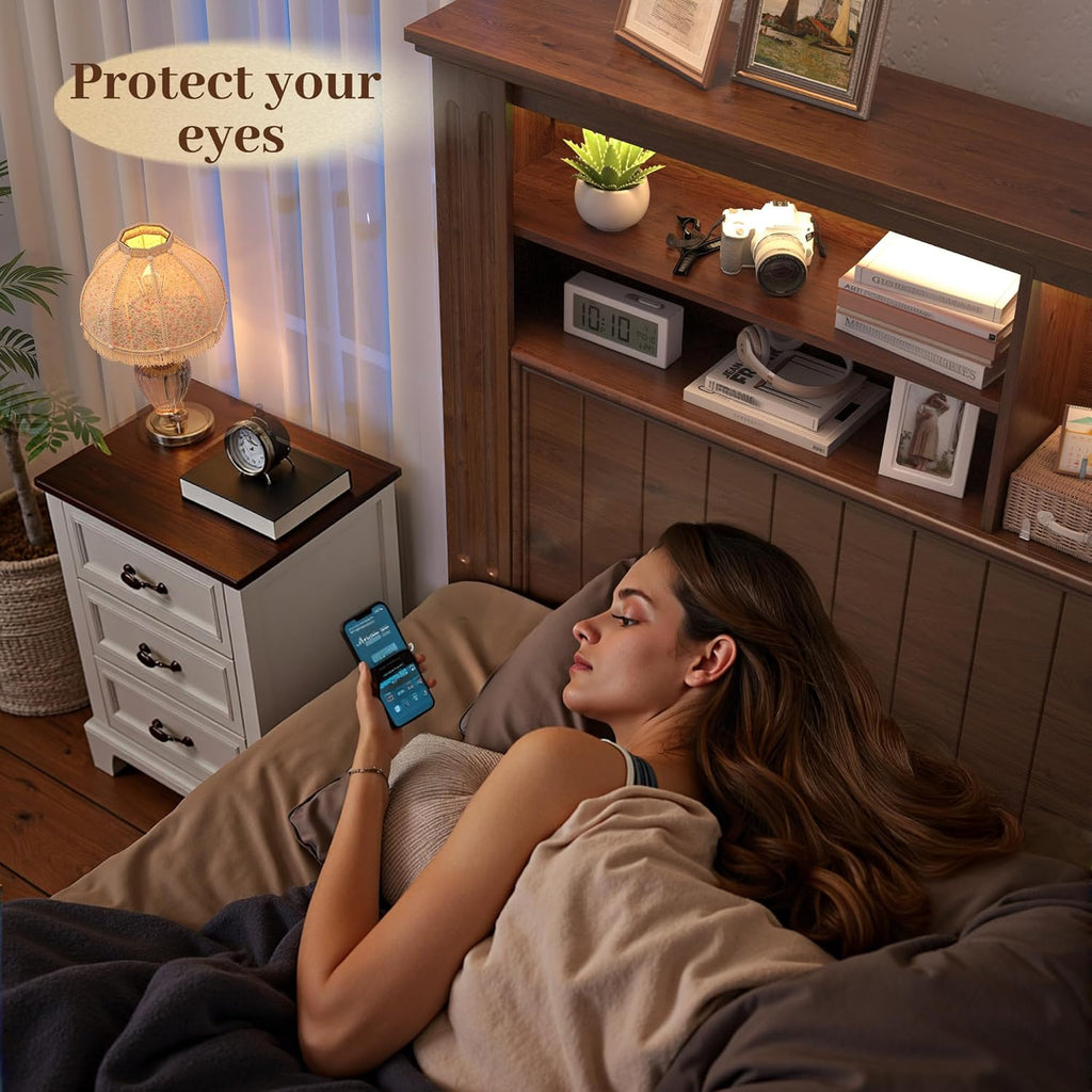 EnHomee Full Size Bed Frame with Storage, Full Bed Frame with 4 Drawers Charging Port & LED, Full Size Bed Frame with Headboard Built in Charging Station,No Box Spring Needed,NO Noise,Vintage Brown