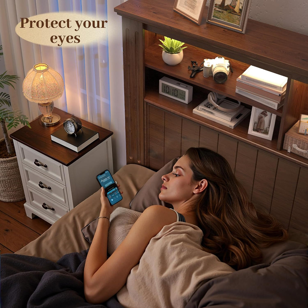 EnHomee Queen Bed Frame with 4 Storage Drawers, Bed Frame Queen Size with Headboard,Sturdy Queen Bed with LED Lights & Charging Ports,Wooden,No Box Spring Needed,Noise-Free,Brown