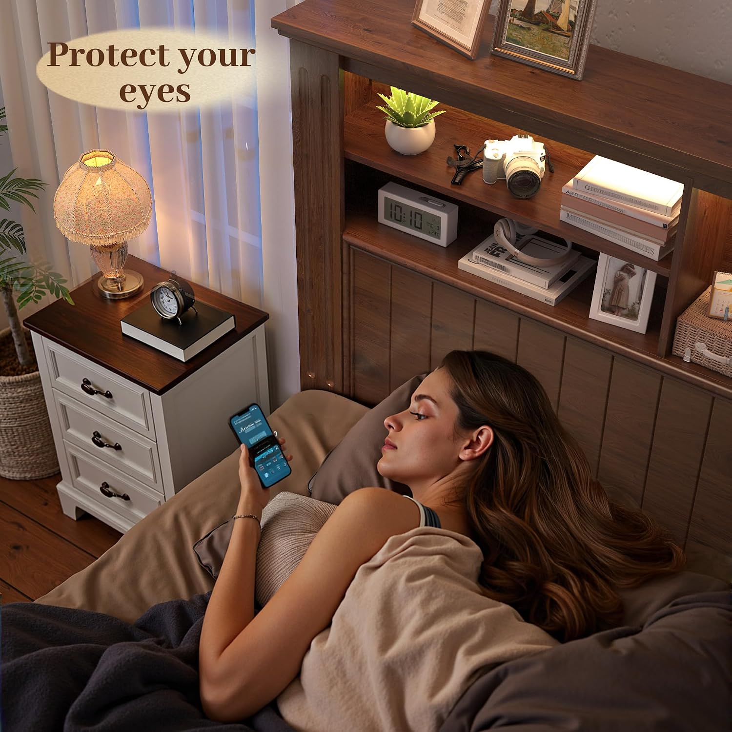 EnHomee Queen Bed Frame with 4 Storage Drawers, Bed Frame Queen Size with Headboard,Sturdy Queen Bed with LED Lights & Charging Ports,Wooden,No Box Spring Needed,Noise-Free,Brown