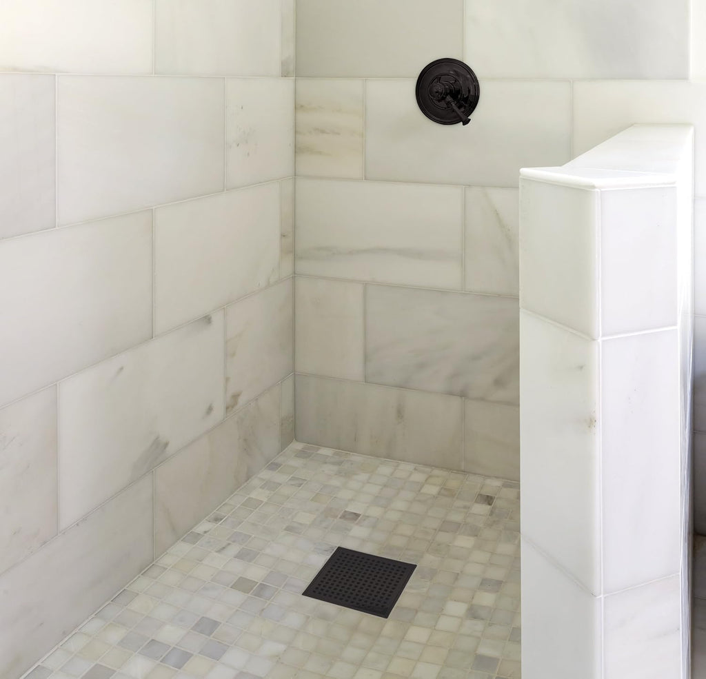 QM Square Shower Drain, Grate made of Stainless Steel Marine 316 and Base made of ABS, Lagos Series Mira Line, 5 inch 3/4, ORB/Black Finish, Kit includes Hair Trap/Strainer and Key