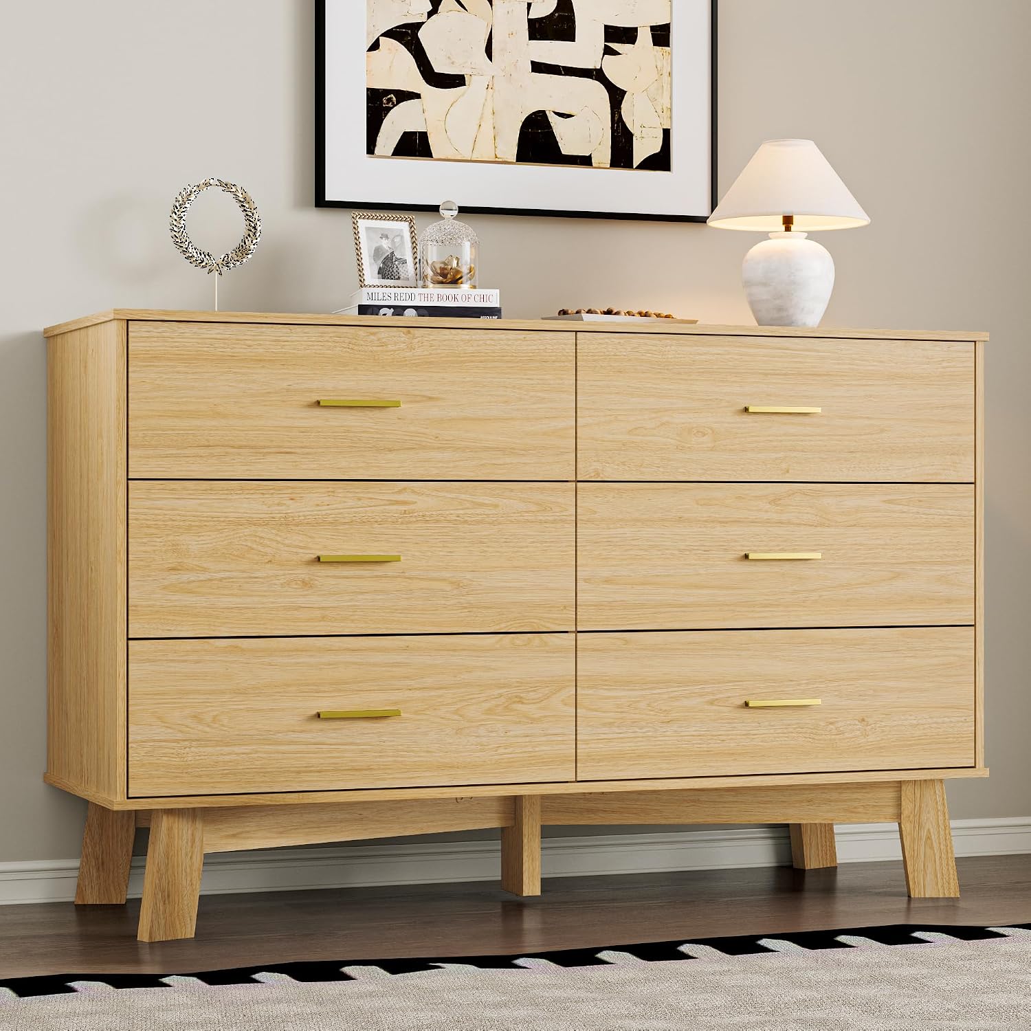 BORNOON Dresser for Bedroom with 6-Drawer, 47.2' Modern Chest of Drawers with Metal Handles, X-Shape Base & Adjustable Center Leg, Anti-Tip Closet Organizers and Storage