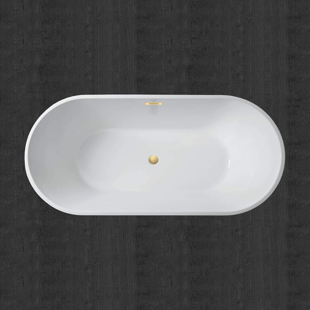 WOODBRIDGE 59' Acrylic Freestanding Bathtub Contemporary Soaking White Tub with Brushed Gold Overflow and Drain,B0014-BG