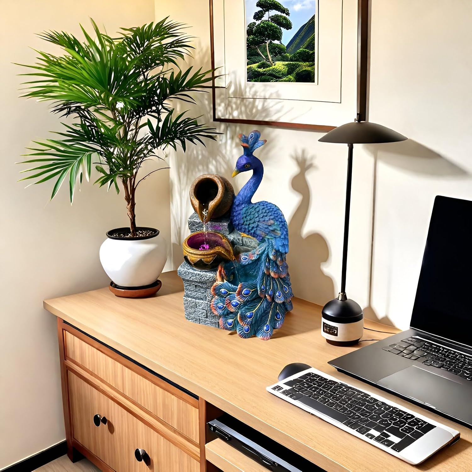13.8-inch Peacock-Shaped Indoor Tabletop Fountain with LED Lights, Multi-Layer Waterfall & Crystal Ball – Includes 10 Free Natural Crystals – Silent Zen Decor for Home, Office & Meditation